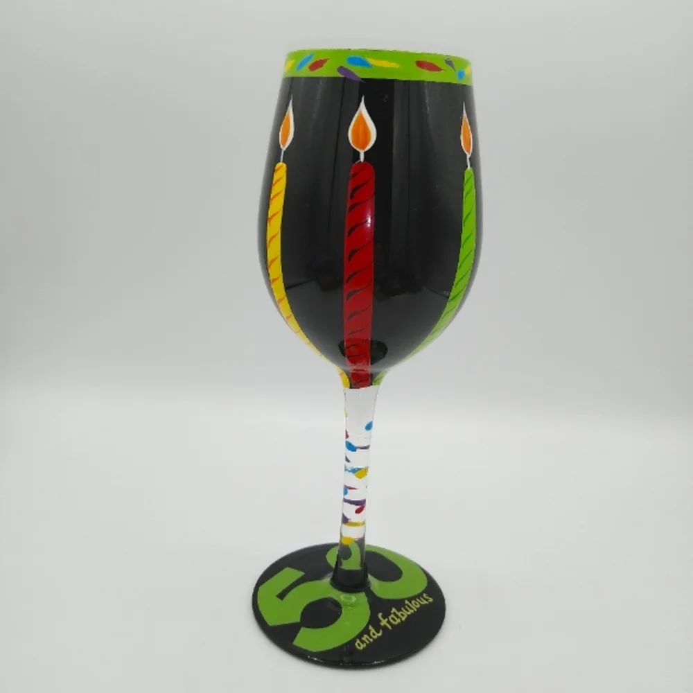 Lolita 50 and Fabulous Happy Birthday Hand Painted Recipe Wine Glass Goblet